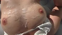 Caught Her Masturbating On The Rooftop, Instead Of Sunscreen Her Tits Got Creamed With Jizz