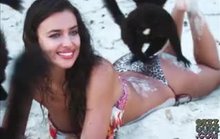 Irina Shayk has a lemur play on her bikini butt - looped