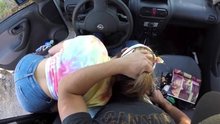 cute jogger girl gives carpenter a blowjob in his car during his lunch break