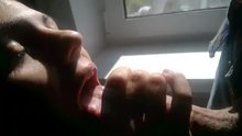she pulls a huge load onto her tongue to swallow